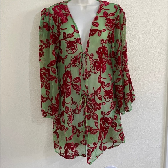 UO Red Velvet Floral and Lime Brat Green‎ Robe Kimono Wrap One Size (SM-LG) - Picture 2 of 10